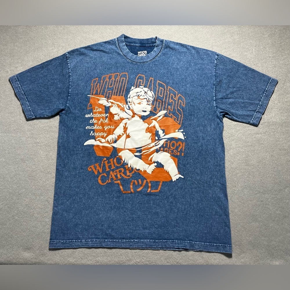 Who Cares T-Shirt Blue Size XL Oversized Graphic Tee Angel Print Bay Area Brand